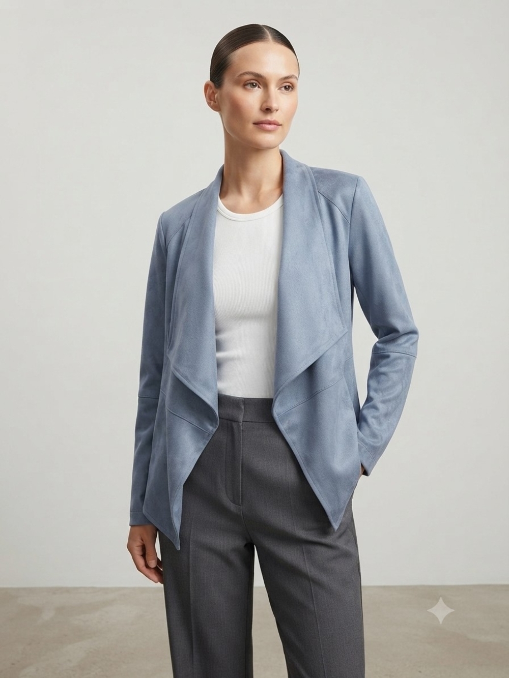 NWT BB Dakota Hazey Blue Faux Suede Draped Open Front Jacket Size M Office Wear